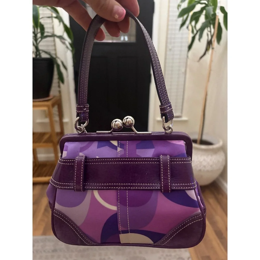 Coach 3582 Purple Op Art Kisslock Satchel Y2K Rare Buckle Bag Authentic